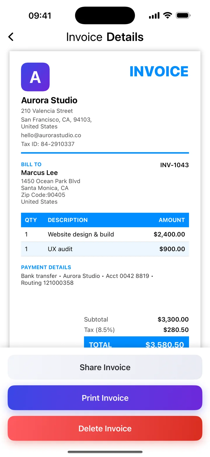 App screenshot with fictional demo data