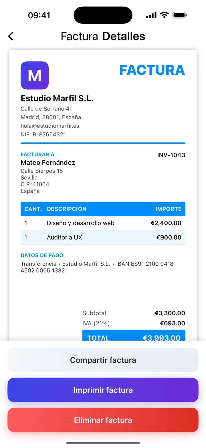 Captura de la app con datos de ejemplo ficticios