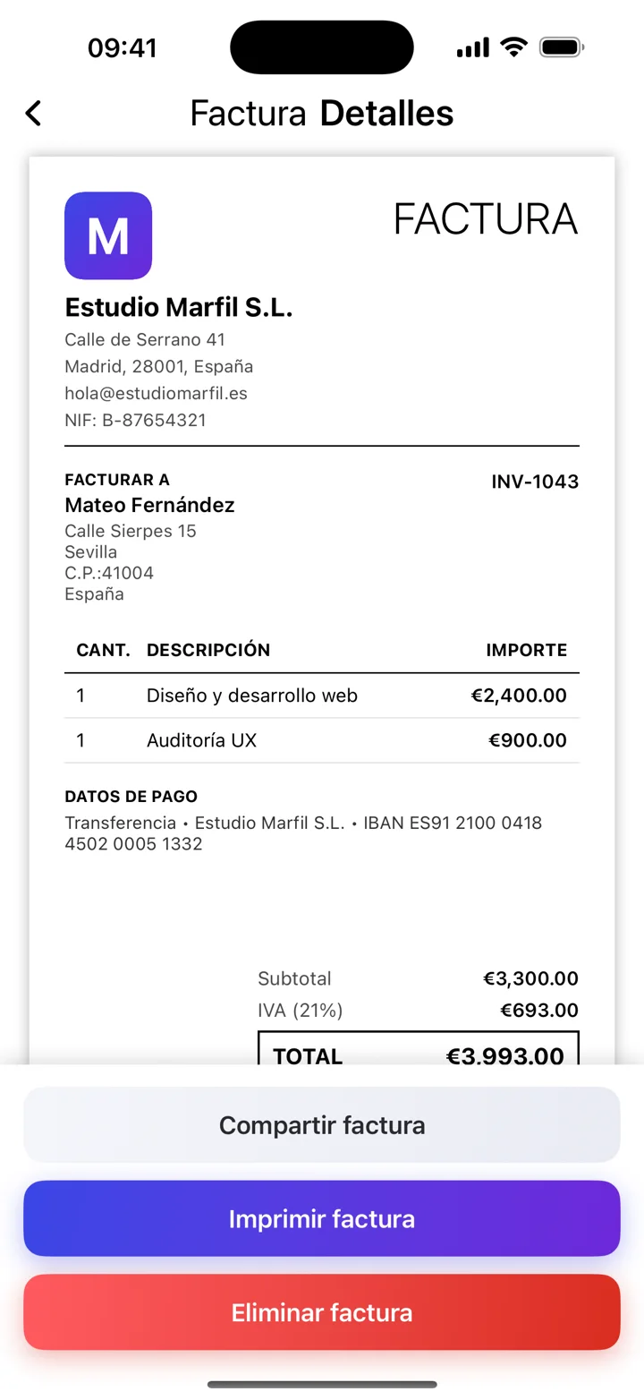 Captura de la app con datos de ejemplo ficticios